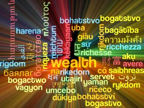 Wealth multilanguage wordcloud background concept glowing Stock Illustration