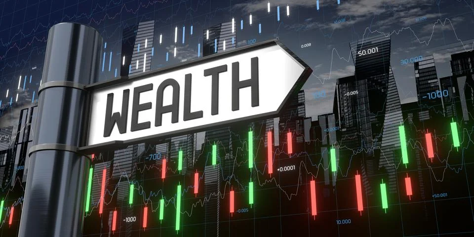 Wealth - signpost and financial data - 3D illustration Stock Illustration