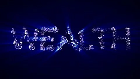 Wealth - text of diamonds with blue light rays, isolated - object 3D rendering 스톡 일러스트