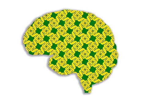 Wealth of Thought: Golden Dollar Pattern on Human Brain Stock Photos