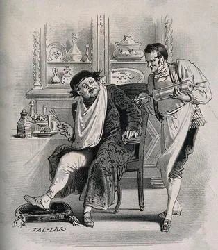 A wealthy man at his dinner table is offered a clyster by a servant. Lithog.. Stock Illustration