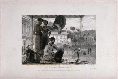 A wealthy Mohammedan smoking a hooka as two attendants fan him. Engraving b.. Stock Illustration