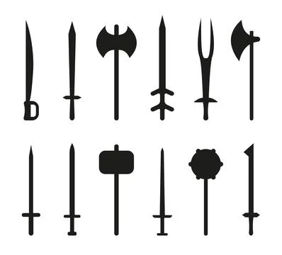 Weapon ancient black silhouette flat icon set Stock Illustration