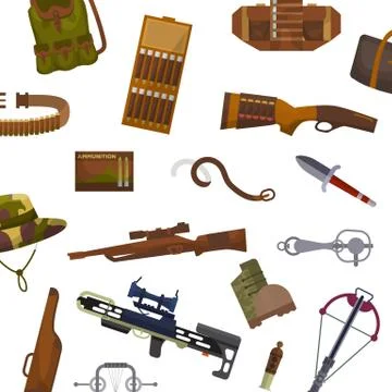 Weapon and hunting vector pattern illustrations. Guns, pistols to shoot and Stock Illustration