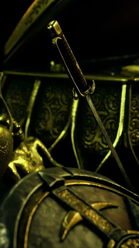 Weapon and shield rest on table in dimly lit room Stock Footage 333566109