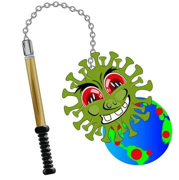 Weapon bat old-time cartoon with coronavirus and planet land Stock Illustration