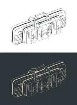 Weapon case with molle pouches isometric technical drawings Illustration