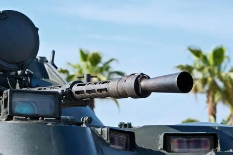Weapon Close-up: Machine Gun and Palm Trees Stock Photos