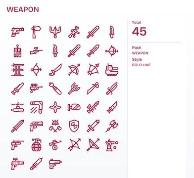 Weapon Comprehensive Vector Bundle with 45 Pixel Optimized Bold Line High R.. Stock Illustration