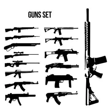 Weapon icon set, machine guns and rifles vector illustration of black and white Stock Illustration