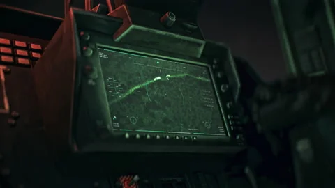 Weapon interface is shooting a missile on the rival forces military vehicles Stock Footage 195597889