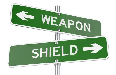 Weapon or Shield green direction arrows, street signs. 3D rendering Stock Illustration