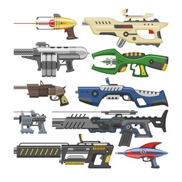 Weapon vector blaster laser gun with futuristic handgun and raygun of aliens in Stock Illustration