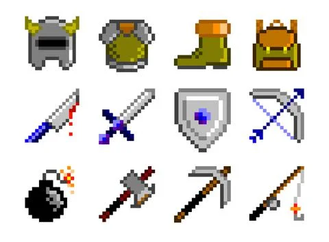 Weapons, armor and tools pixel art set. Game assets vector illustration Stock Illustration