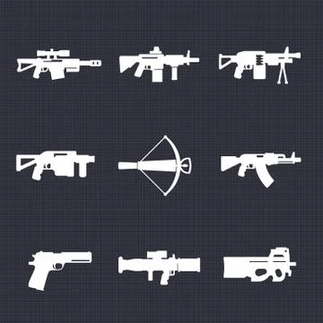 Weapons, firearms icons set, automatic guns, sniper and assault rifles, cross Stock Illustration