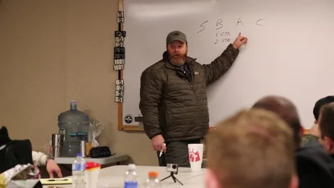 Weapons Instructor Teaches from Classroom Whiteboard Stock Footage 70561749