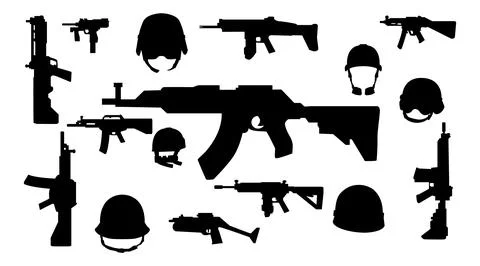 Weapons silhouette set. Collection of various realistic firearms. Isolated Stock Illustration