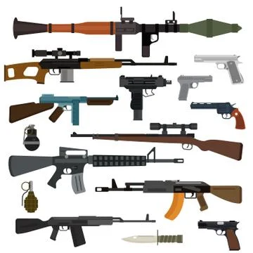 Weapons vector collection. Pistols, submachine guns, assault and sniper rifles Stock Illustration