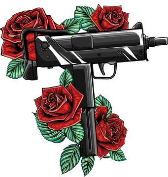 Weapont Uzi with red roses vector illustration Stock Illustration