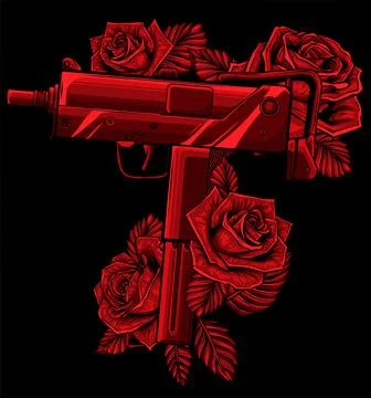 Weapont Uzi with red roses vector illustration 스톡 일러스트
