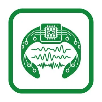 Wearable neural sensor green line icon featuring microprocessor data brain .. 库存插图