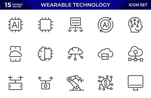 Wearable technology line icon set. Depicts various wearable devices designe.. Stock Illustration