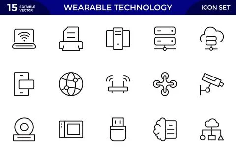 Wearable technology line icon set. Depicts various wearable devices designe.. Stock Illustration