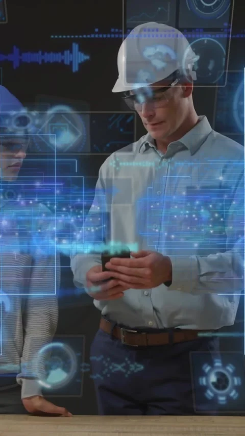 Wearing helmets, engineers analyzing animation data on futuristic digital Stock Footage 319728044