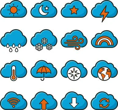 Weather and Cloud Icon Set with Various Meteorological Symbols. Stock Illustration