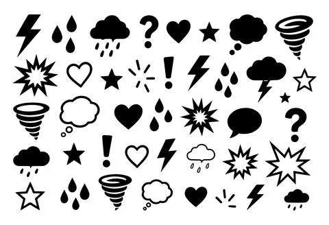 Weather and Comic Doodle Icon Set with Lightning Bolts Rain Clouds Tornadoe.. Stock Illustration