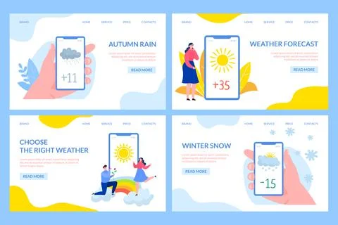 Weather app at flat website page, vector illustration. Season mobile application Illustrazione stock