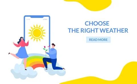 Weather app at flat website page, vector illustration. Season mobile application Illustrazione stock