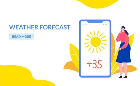 Weather app at flat website page, vector illustration. Season mobile application Stock Illustration
