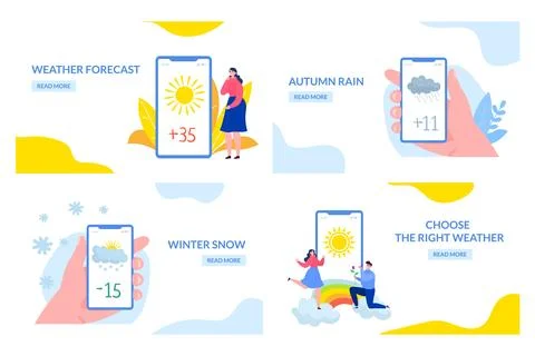 Weather app at flat website page, vector illustration. Season mobile application Illustrazione stock