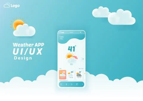 Weather App UI/UX Kit Elements, Website Landing Page Vector Stock Illustration