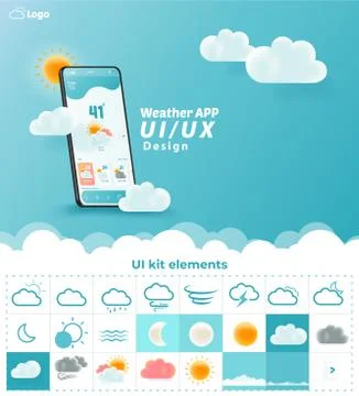 Weather App UI/UX Kit Elements, Website Landing Page Vector Illustrazione stock