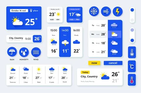 Weather app widget. Ui icon for screen. Week or day forecast. Mobile meteorol Stock Illustration