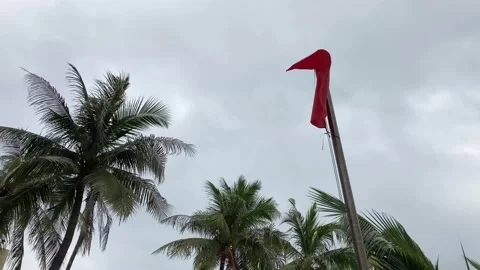 Weather Beach Warning Flag, Strong Winds Blew Red Triangle Flag at Beach Stock Footage 155744737