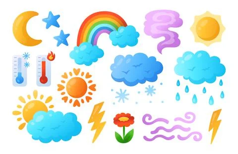 Weather cartoon gradient set sun clouds rain snow moon star thermometer climate Stock Illustration