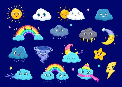 Weather characters, sun, cloud, rain, snow, wind Stock Illustration
