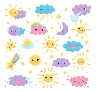 Weather cute characters set. Clouds, sun and moon with funny faces cartoon Ilustração Stock