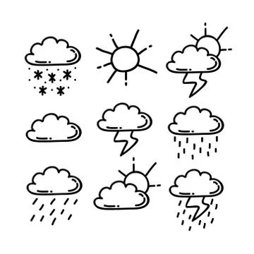 Weather doodle icons set, vector color illustration Stock Illustration