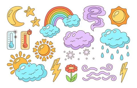 Weather doodle line set linear hand drawn climate meteorological infographic Illustrazione stock
