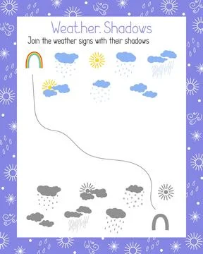 Weather elements and shadows matching game, topical vocabulary learning kids Stock Illustration