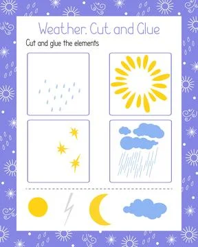 Weather elements doodle style papercraft, cut and glue educational activity for Stock Illustration