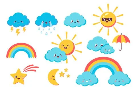 Weather elements set. Clouds and suns with rainbow. Weather forecast prediction 스톡 일러스트