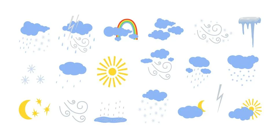 Weather elements set sun, wind, rain, fog, clouds cute hand drawn doodle 스톡 일러스트