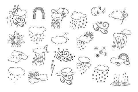 Weather elements set sun, wind, rain, fog, clouds cute hand drawn doodle 스톡 일러스트