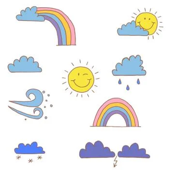 Weather elements vector. A set of children's drawings. Comic colorful symbol. Stock Illustration