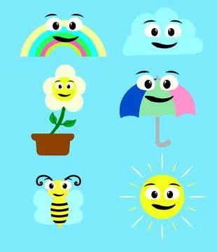 Weather emoticon flat icon set. Stock Illustration